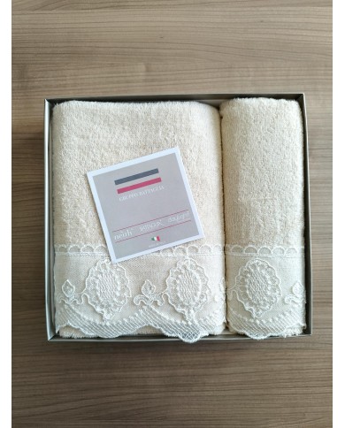 Set asciugamani 1+1 viso e ospite con pizzo Joel Battaglia Classico Italiano
