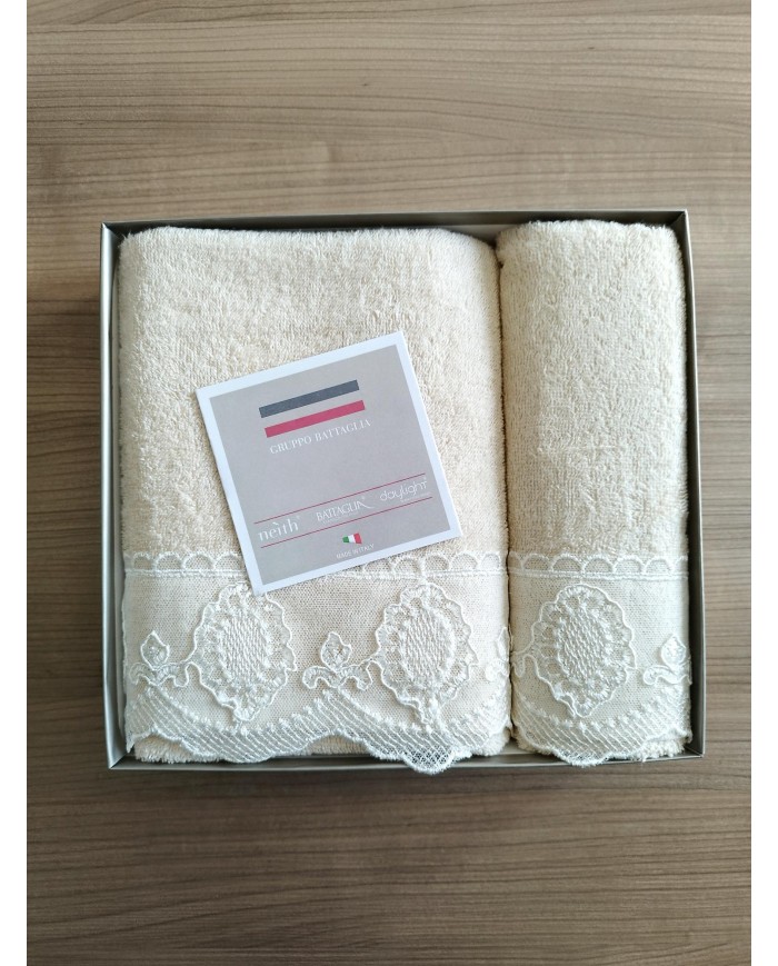 Set asciugamani 1+1 viso e ospite con pizzo Joel Battaglia Classico Italiano