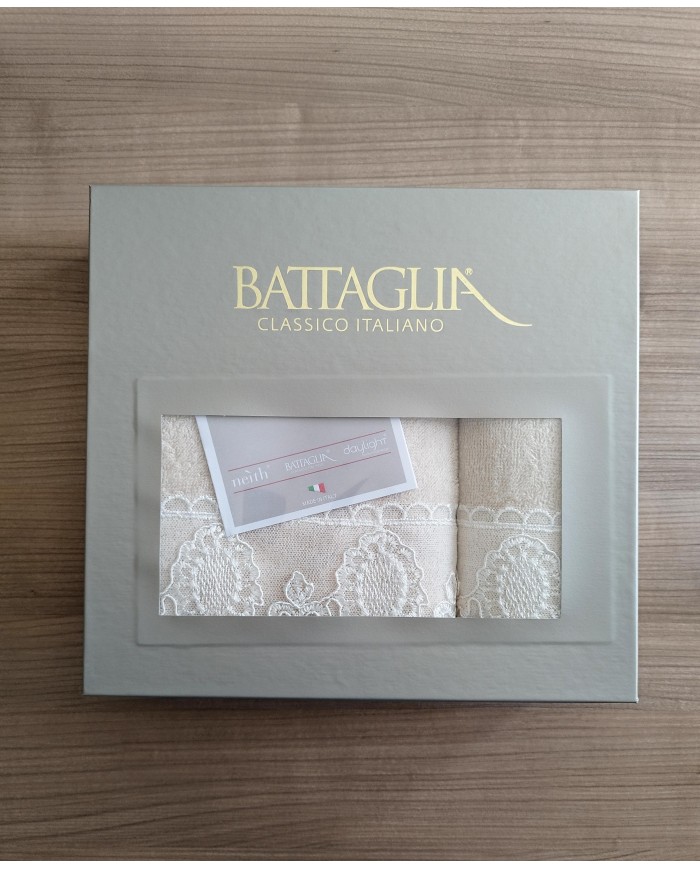 Set asciugamani 1+1 viso e ospite con pizzo Joel Battaglia Classico Italiano