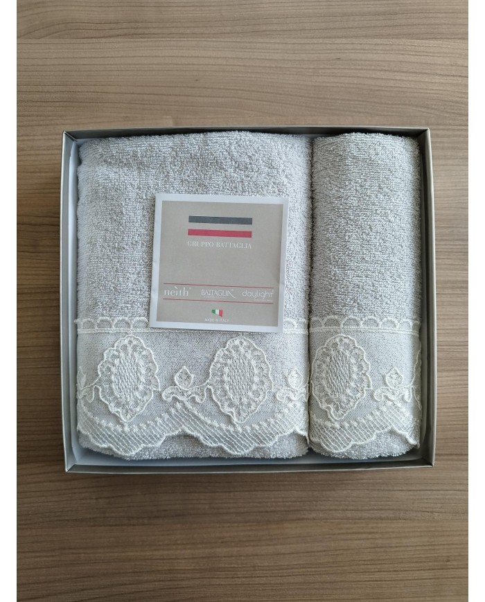 Set asciugamani 1+1 viso e ospite con pizzo Joel Battaglia Classico Italiano