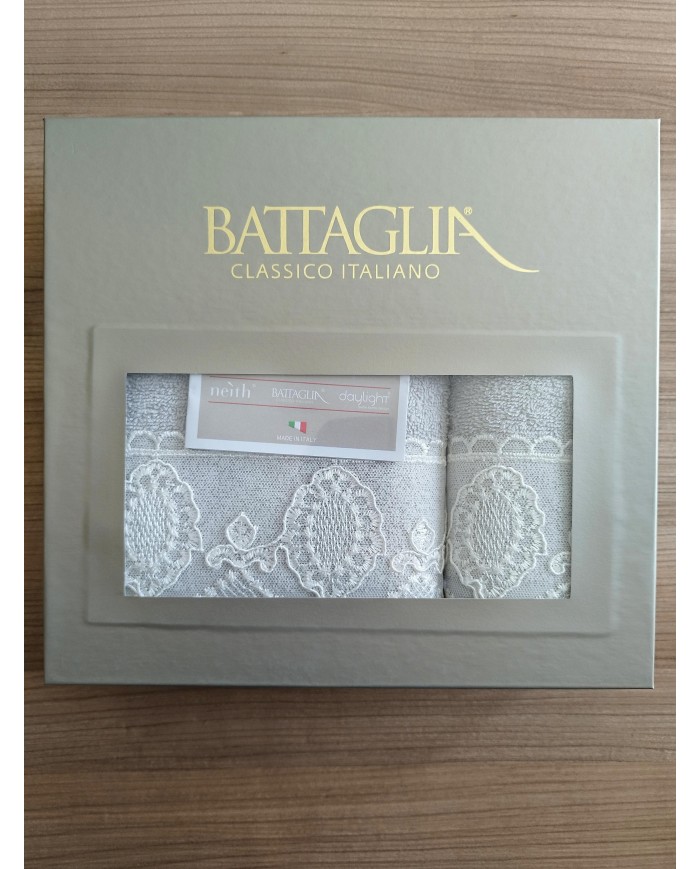 Set asciugamani 1+1 viso e ospite con pizzo Joel Battaglia Classico Italiano