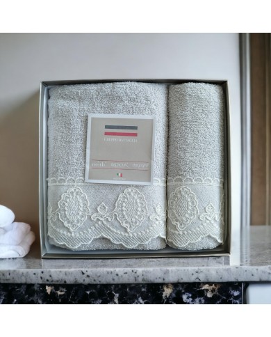 Set asciugamani 1+1 viso e ospite con pizzo Joel Battaglia Classico Italiano