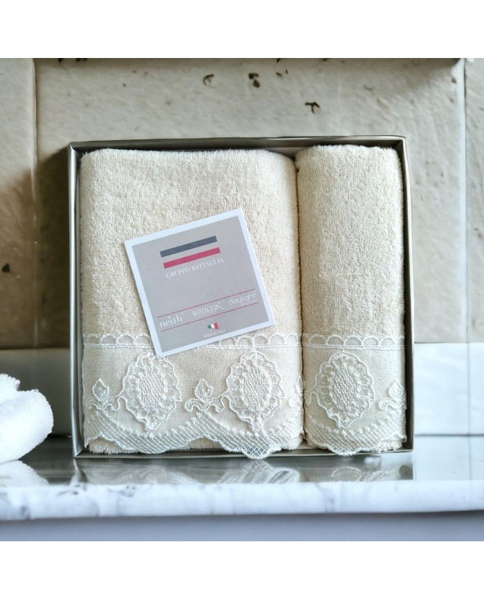 Set asciugamani 1+1 viso e ospite con pizzo Joel Battaglia Classico Italiano