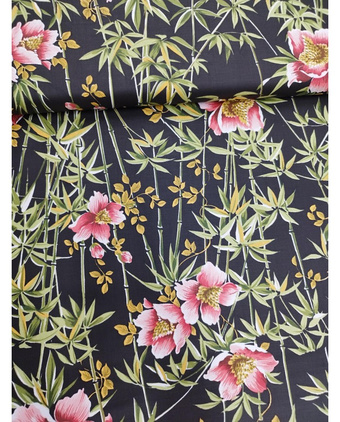 Tessuto per arredo puro cotone altezza 140cm Floreale fondo nero