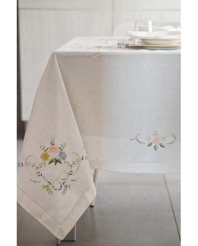Servizio da tavola 12 posti ricamato, bianco con ricamo colori pastello art. 9164