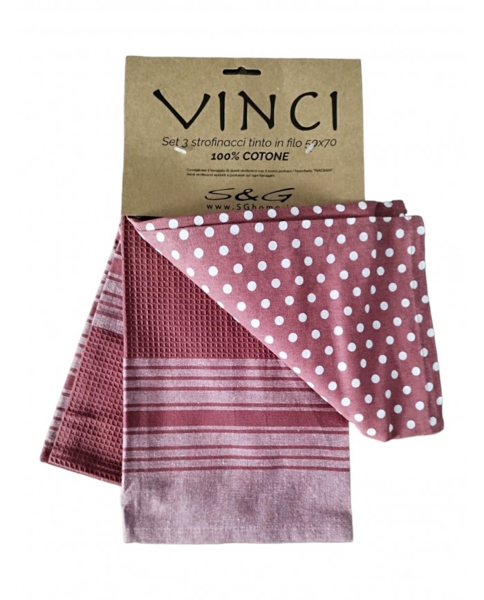Set 3 strofinacci 100% puro cotone tinto in filo art.Vinci