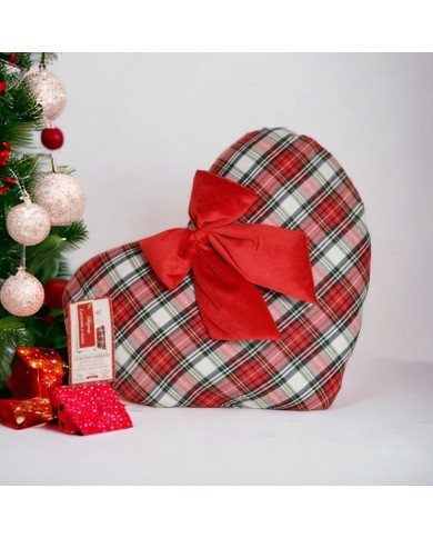 Cuscino Arredo Natale Cuore tartan con fiocco in velluto rosso Cuscino Arredo Natale Cuore tartan con fiocco in velluto rosso