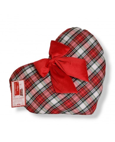 Cuscino Arredo Natale Cuore tartan con fiocco in velluto rosso Cuscino Arredo Natale Cuore tartan con fiocco in velluto rosso