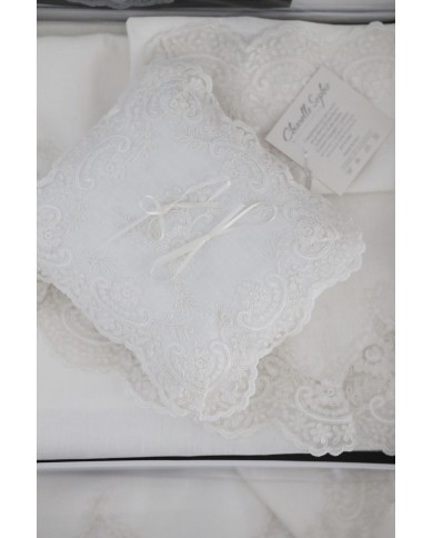 Coordinato copriletto, lenzuola, cuscino arredo in puro lino Chiarelle Sophie Narciso