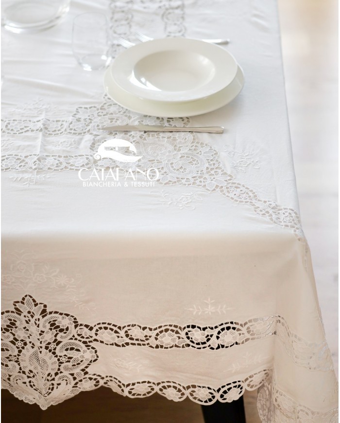 Tris in lino: copriletto, lenzuola e tovaglia Burano Maison Prestige Bianco