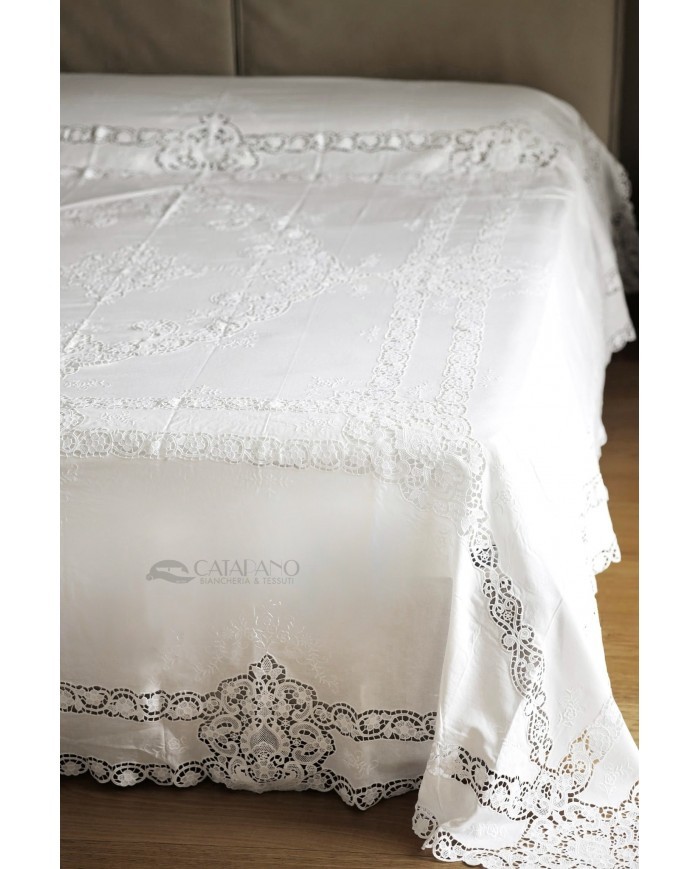 Tris in lino: copriletto, lenzuola e tovaglia Burano Maison Prestige Bianco