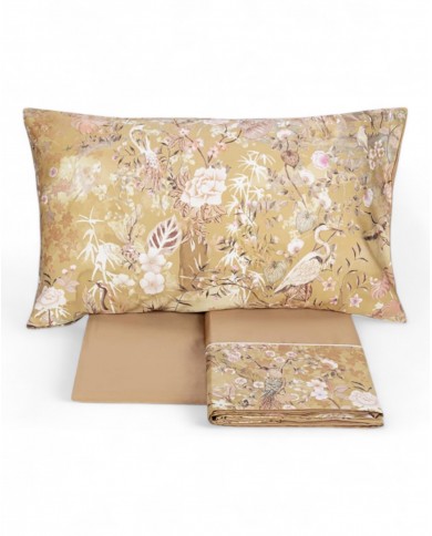 Completo lenzuola matrimoniali in raso di cotone Fazzini - Giardini d'oriente