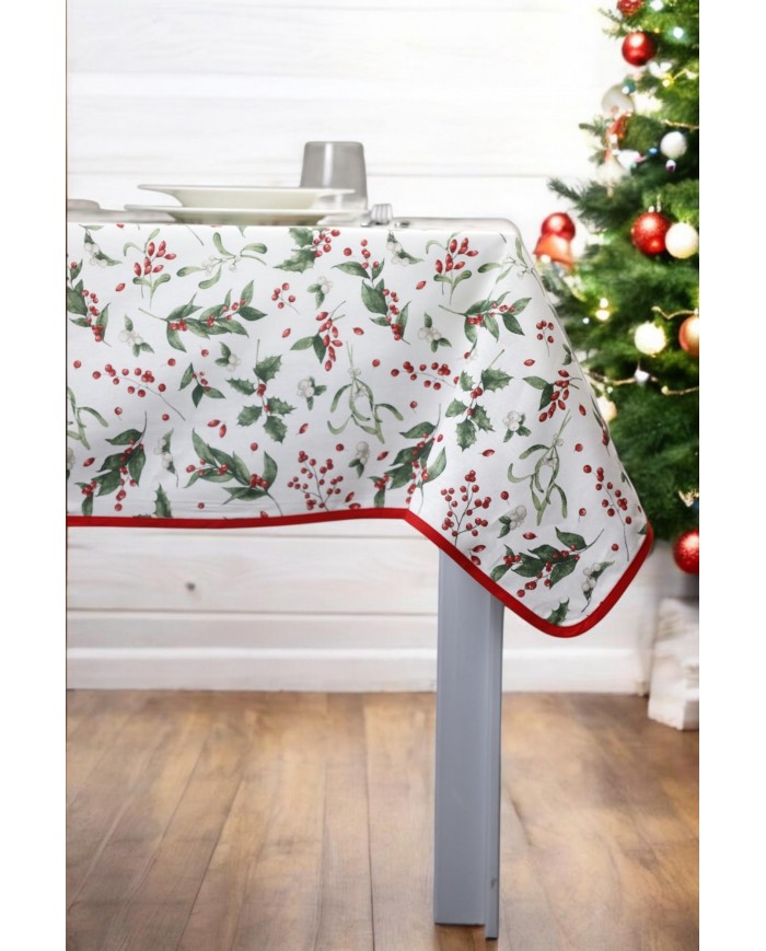 Tovaglia di Natale 6 posti Agrifoglio - 100% Cotone - Made in Italy