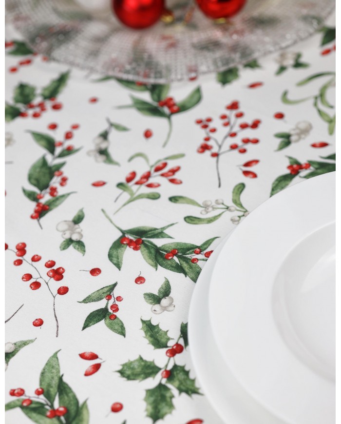 Tovaglia di Natale 6 posti Agrifoglio - 100% Cotone - Made in Italy