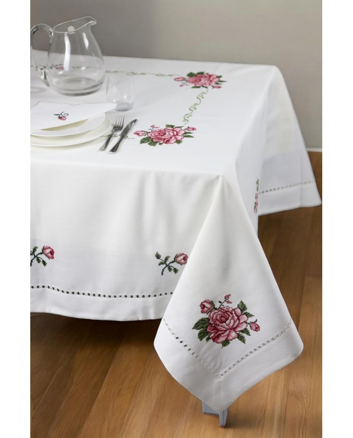 Servizio da tavola ricamato 12 posti tovaglia + tovaglioli art. 5373 Rose