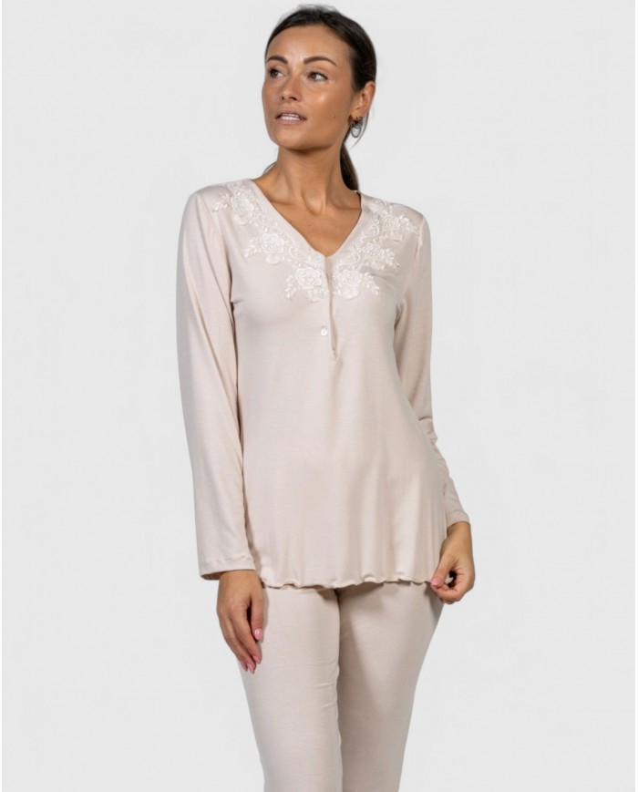 pigiama-donna-estivo-manica-lunga-con-pizzo-toscana-lingerie-art-gaia
