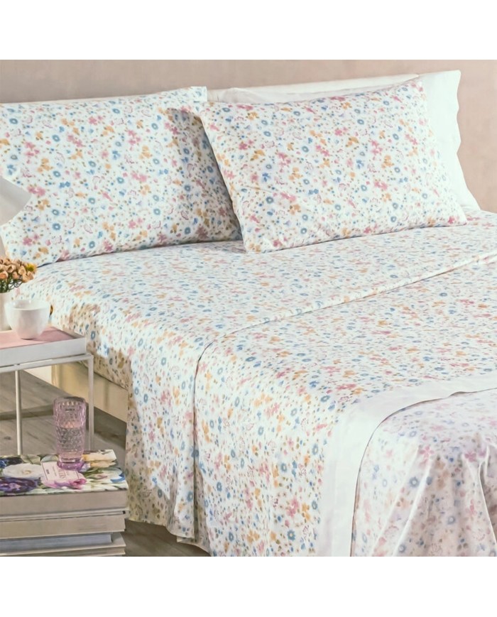 Completo lenzuola matrimoniale in puro cotone stampato Caleffi Alba