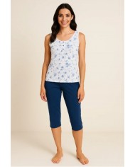 Pigiama donna estivo spalla larga e pinocchietto 100% cotone Vilfran 10687 Bluette