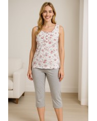 Pigiama donna estivo spalla larga e pinocchietto 100% cotone Vilfran 10687 Bluette