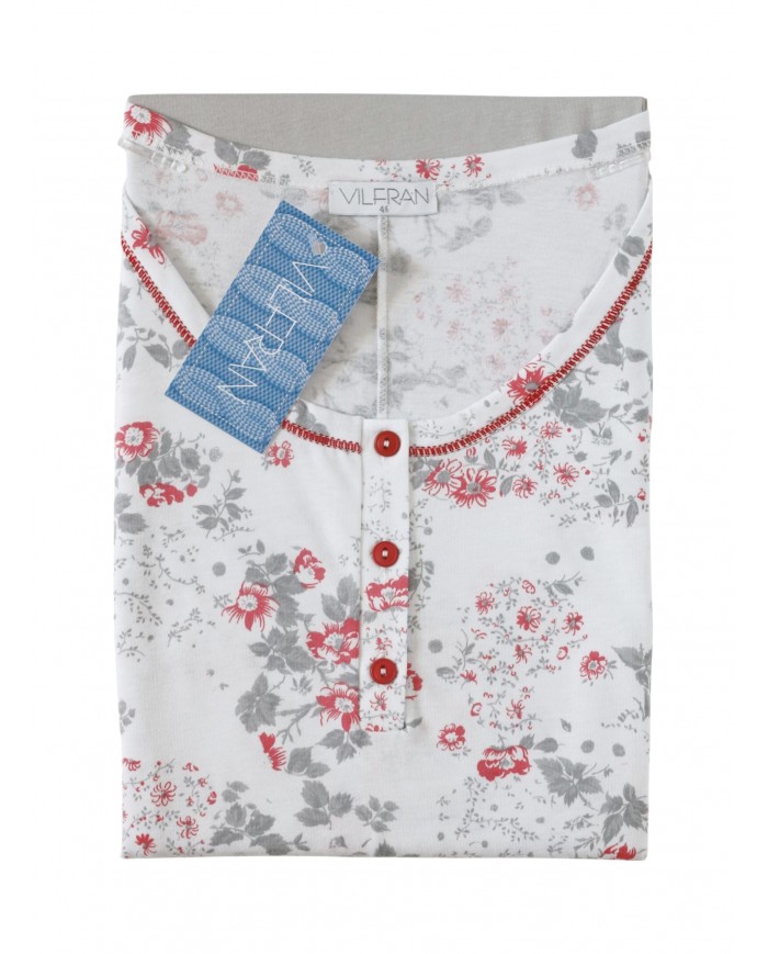 Pigiama donna estivo spalla larga e pinocchietto 100% cotone Vilfran 10687 Perla