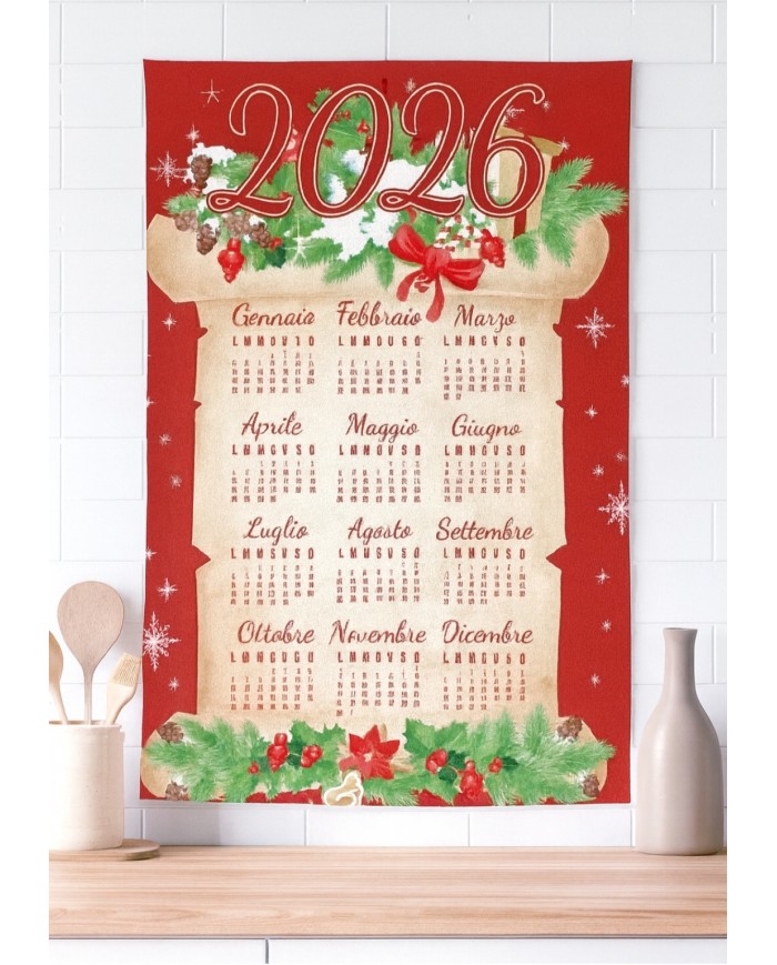 Set 4 strofinacci Natale con calendario 2026 - 100% Cotone