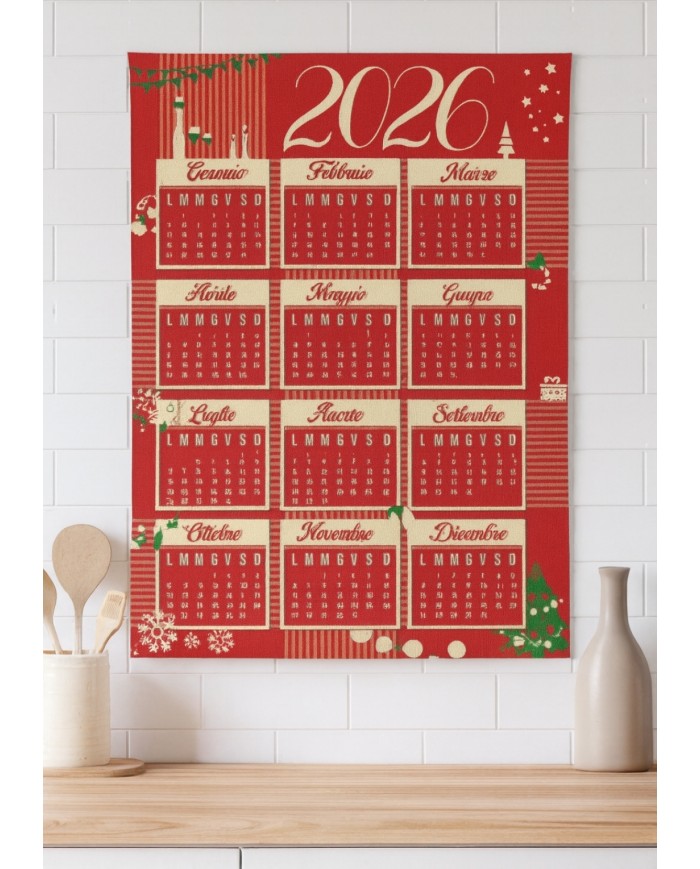 Set 4 strofinacci Natale con calendario 2026 - 100% Cotone