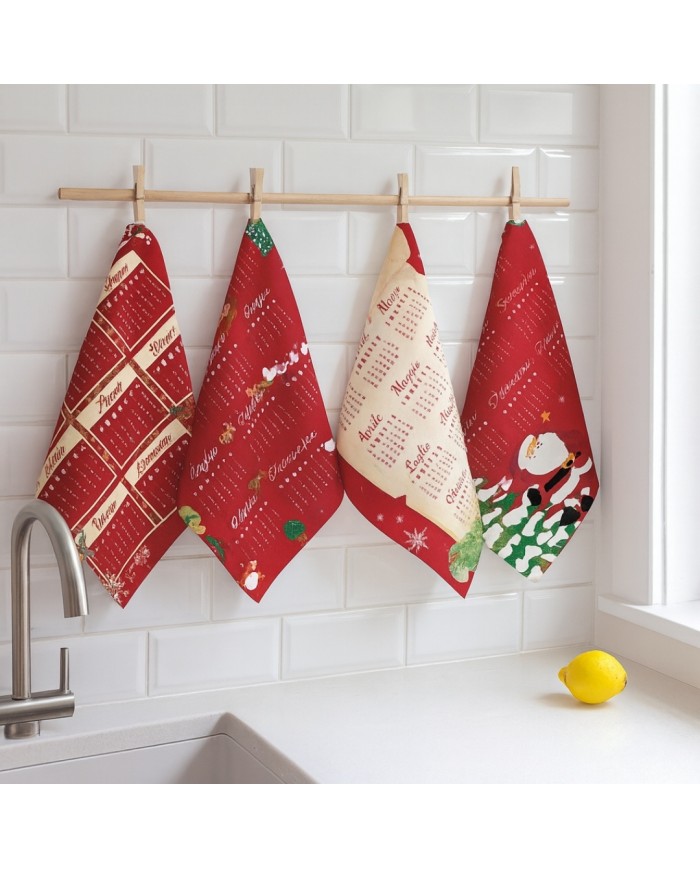 Set 4 strofinacci Natale con calendario 2026 - 100% Cotone