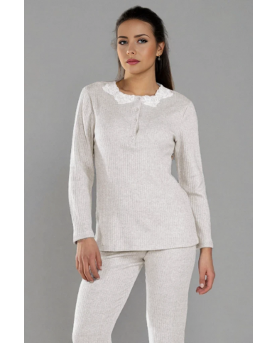 Pigiama in caldo punto milano a costine con pizzo Toscana Lingerie Nicole