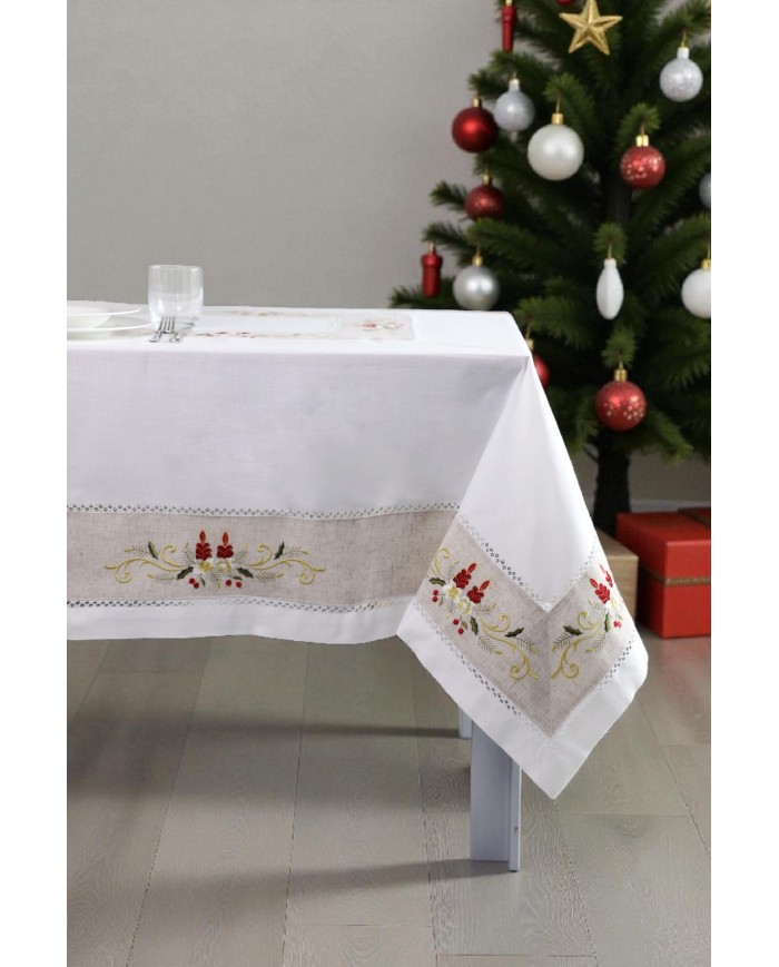 Tovaglia ricamata Natale 12 posti con tovaglioli art. 1457
