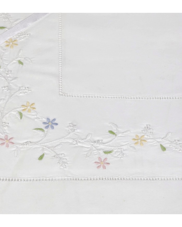 Completo Lenzuola matrimoniali ricamate in percalle di cotone bianche ricamo colorato7891