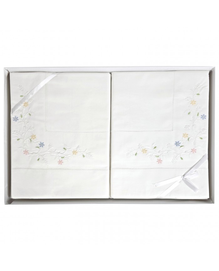 Completo Lenzuola matrimoniali ricamate in percalle di cotone bianche ricamo colorato7891