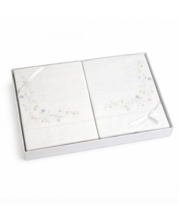 Completo Lenzuola matrimoniali ricamate in percalle di cotone bianche ricamo colorato7891