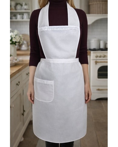 Grembiule con pettorina e pizzo Sangallo 100% cotone - MADE IN ITALY - art. Alberica Pettorina Bianco