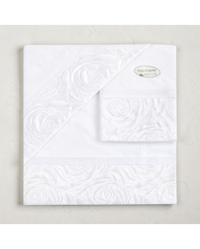 Completo Lenzuola con balza in raso di cotone matrimoniale Raquel, CAREZZE