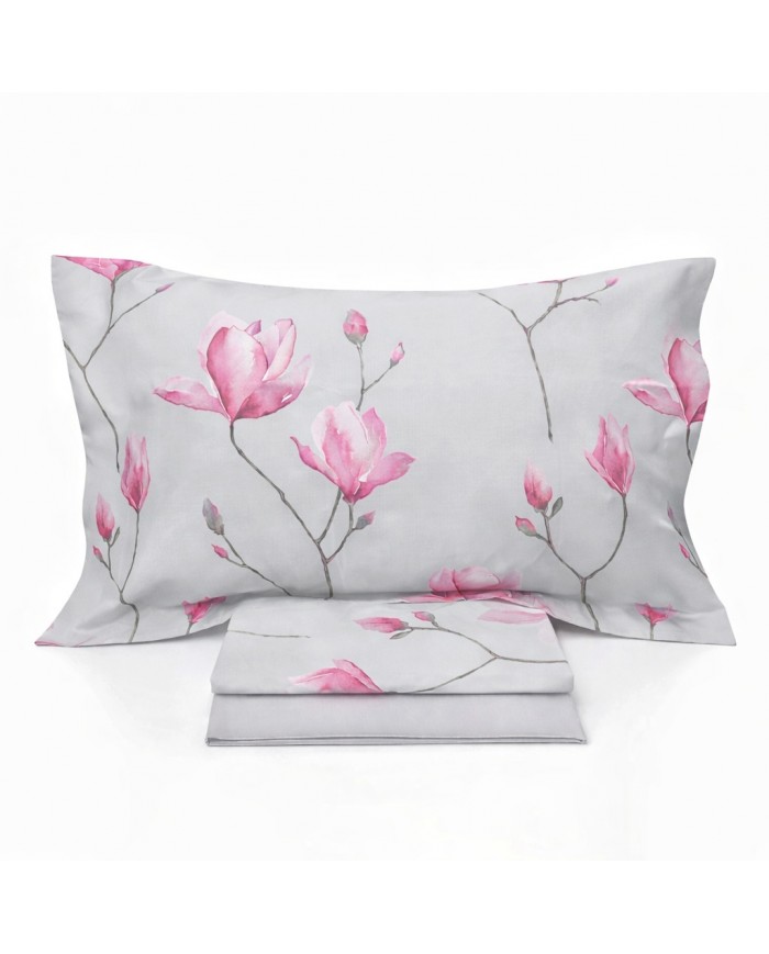 Completo lenzuola matrimoniale in percalle 100% cotone Mirabello Soft Magnolia