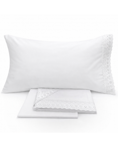 Completo lenzuola matrimoniali in puro cotone con pizzo Sangallo Aurora by Carezze