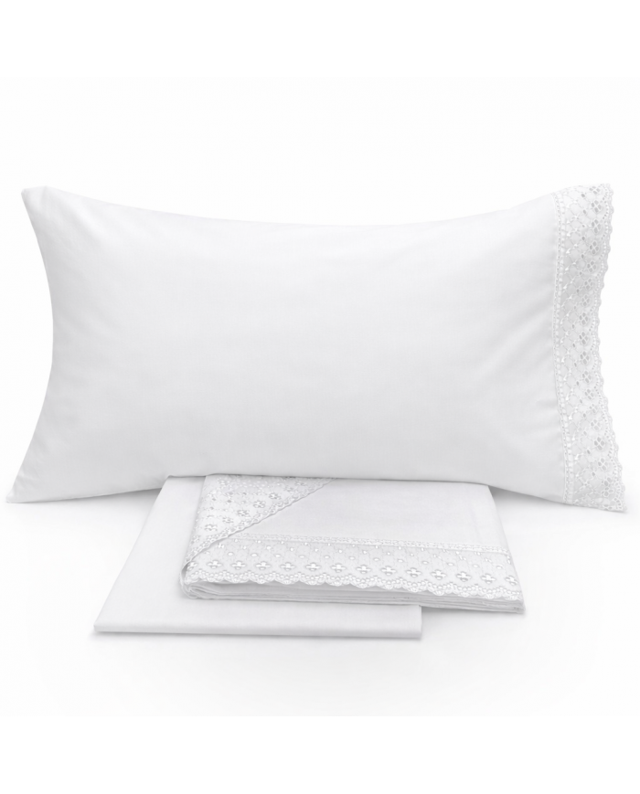 Completo lenzuola matrimoniali in puro cotone con pizzo Sangallo Aurora by Carezze