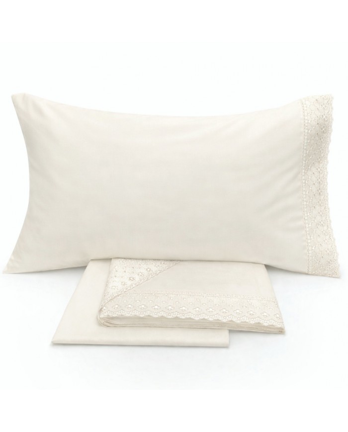 Completo lenzuola matrimoniali in puro cotone con pizzo Sangallo Aurora by Carezze