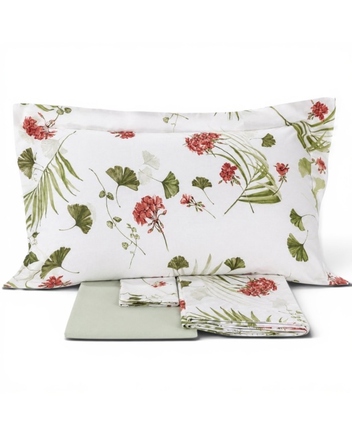 Completo lenzuola matrimoniale in percalle 100% cotone Mirabello Geranium