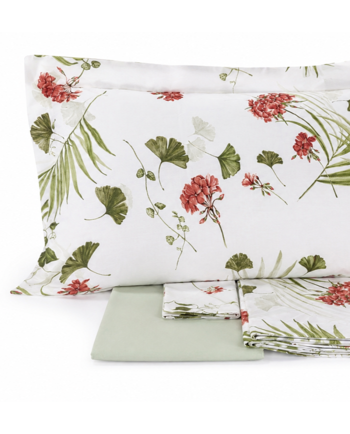 Completo lenzuola matrimoniale in percalle 100% cotone Mirabello Geranium
