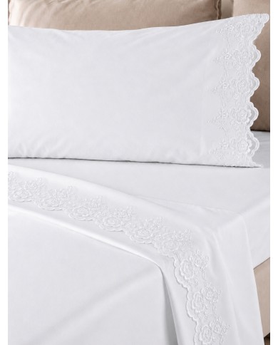 Completo Lenzuola matrimoniale in puro cotone con pizzo CAREZZE Ruby