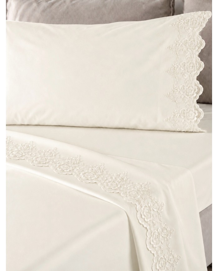 Completo Lenzuola matrimoniale in puro cotone con pizzo CAREZZE Ruby