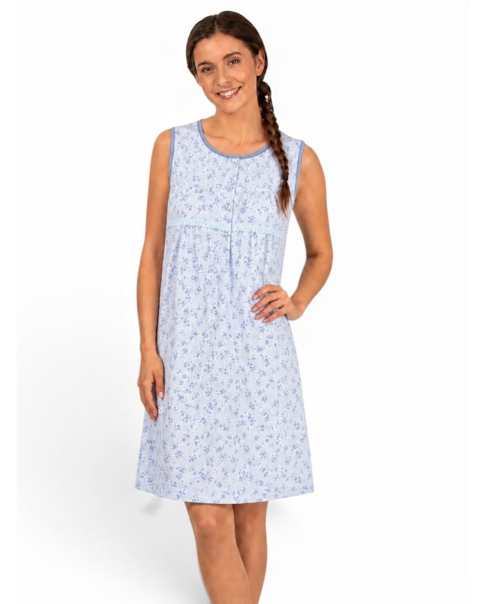 Camicia da notte in cotone batista spalla larga Silvia Lingerie 1012 Cielo/Cielo