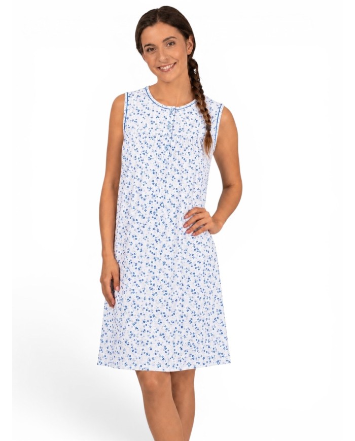 Camicia da notte in cotone batista spalla larga Silvia Lingerie 1012 Bianco/Cielo
