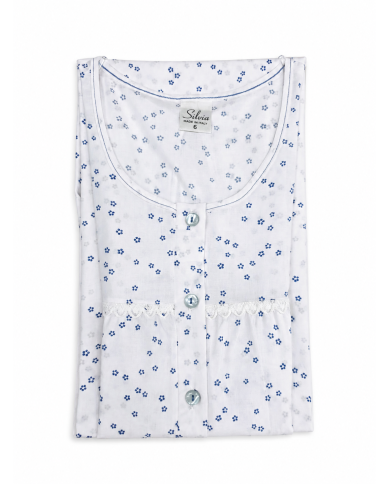 Camicia da notte in cotone batista spalla larga Silvia Lingerie 1012 Bianco/Cielo