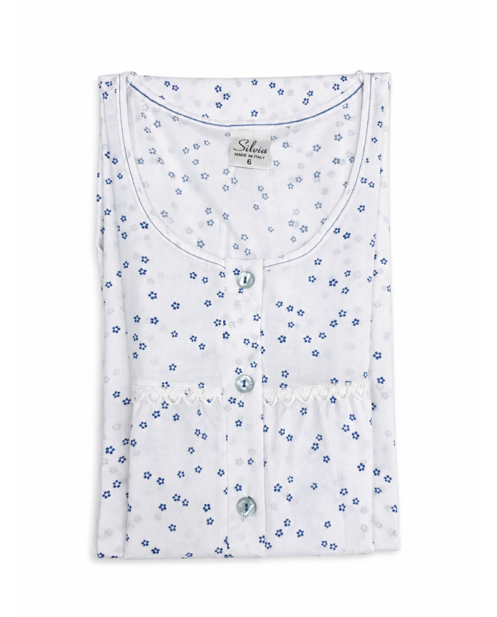 Camicia da notte in cotone batista spalla larga Silvia Lingerie 1012 Bianco/Cielo