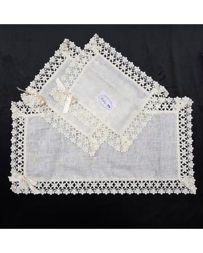 Set di 3 centri 100% lino e pizzo macramè art. Sofia