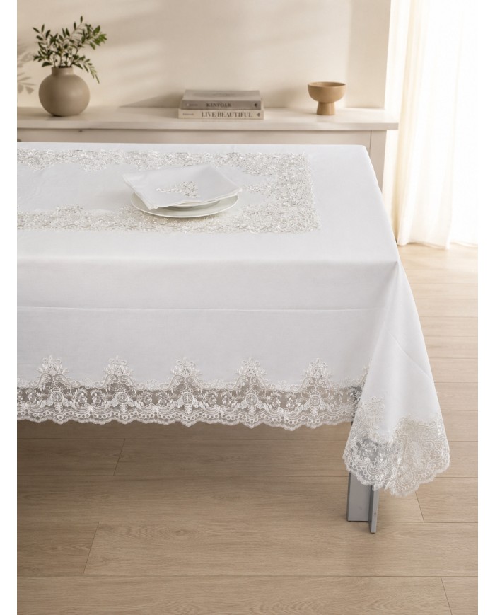 Tris da corredo copriletto, lenzuola e tovaglia Pizzo Rebrodè art. 601
