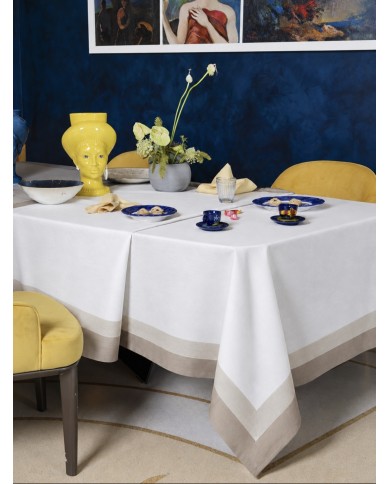 Tovaglia 12 posti 100% cotone con doppia balza stampata Neith Cristel