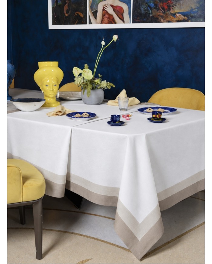 Tovaglia 12 posti 100% cotone con doppia balza stampata Neith Cristel